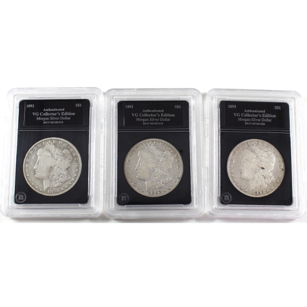 USA Silver 1891, 1892 & 1893 Morgan Dollar Bradford Authenticated. 3pcs.