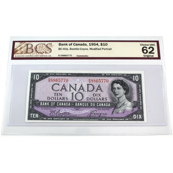 BC-40a 1954 $10 Modified Portrait BCS CUNC62 Original Beattie-Coyne SN: R/D8865770 