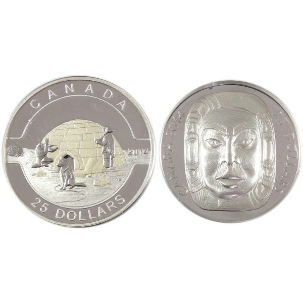 2014 $25 Indigenous & Inuit 1oz .9999 Fine Silver Coins. 2pcs. (Tax Exempt)