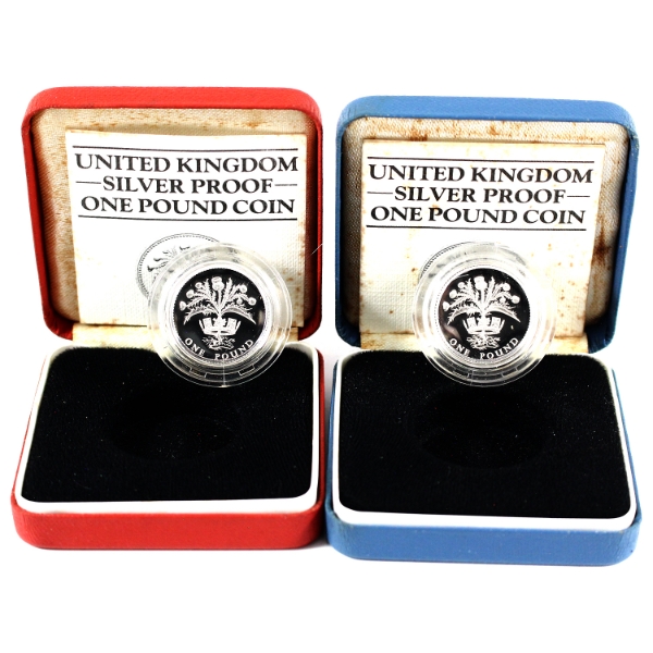 Great Britain 1984 £1 Sterling Silver Proof Coins - Regular & Piedfort Versions. 2pcs