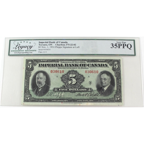 375-22-02 1934 $5 Imperial Bank Legacy VF35 PPQ Phipps-Rolph SN: 030610 Check Letter A