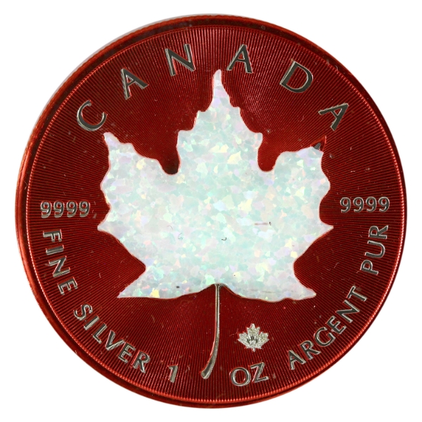 2019 $5 Red 1oz .9999 Fine Silver Maple with Real Opal Stone (Tax Exempt)
