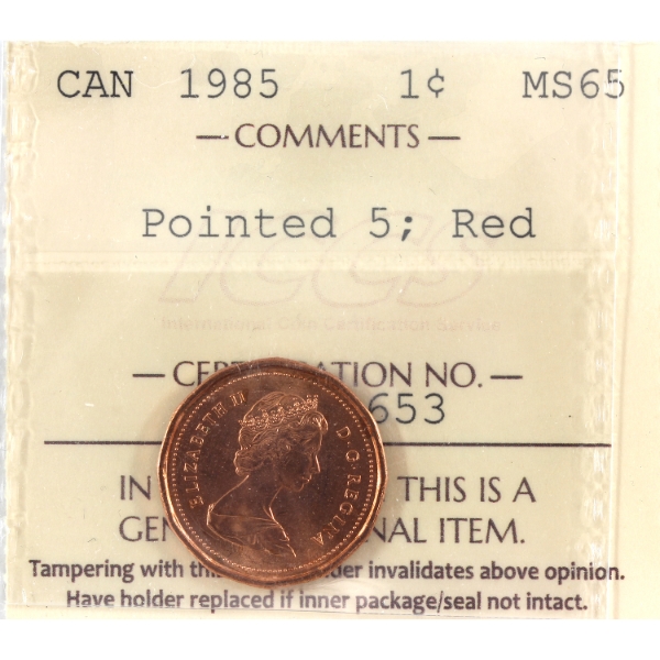 1-cent 1985 Pointed 5 ICCS MS65 Red