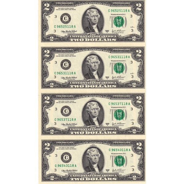USA 2003 $2 World Reserve Monetary Exchange Uncut Sheet of 4x Notes in Folder