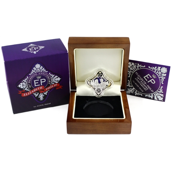 Tokelau 2017 $1 Elizabeth-Phillip 70th Wedding Anniversary  1oz Shaped Coloured Fine Silver Proof
