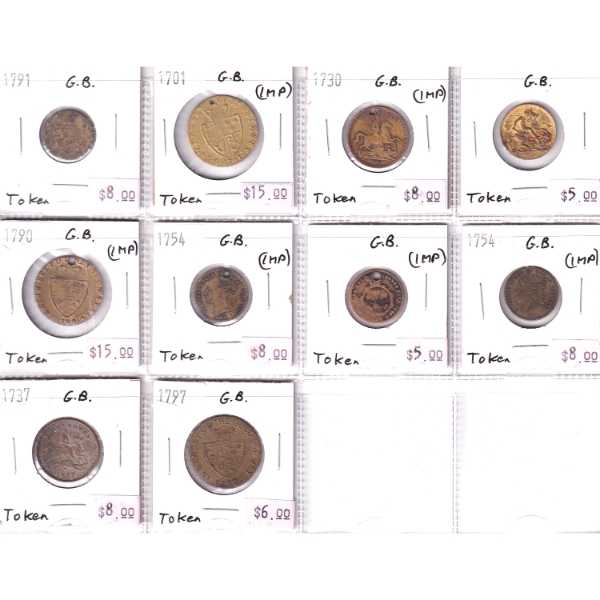 Bulk Lot of 1701-1797 Great Britain Tokens in 12-Pocket Sheet. 10pcs.