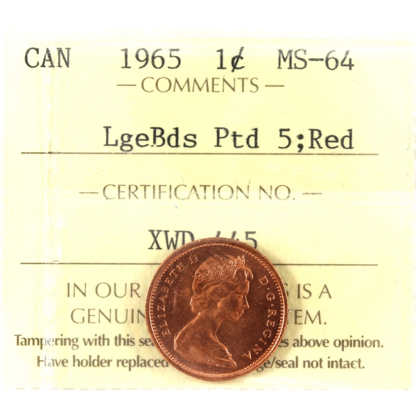 1-cent 1965 Large Beads, Pointed 5 ICCS MS64 Red