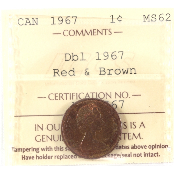 1-cent 1967 Double 1967 ICCS MS62 Red & Brown