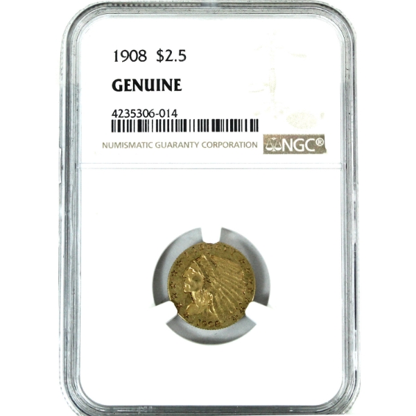 USA Gold 1908 $2.50 Indian Head Quarter Eagle NGC VF-EF in Deluxe Case
