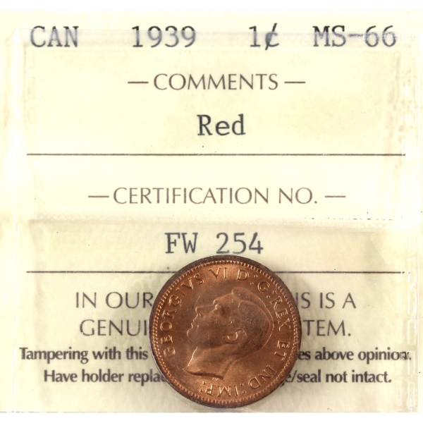 1-cent 1939 ICCS MS66 Red