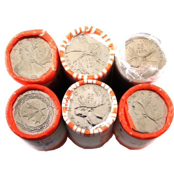 *25-cent 2006 Logo Bravery, 2x 2007 Caribou, 2011, 2018 Caribou & 2022 Rolls of 40pcs. 6 Rolls