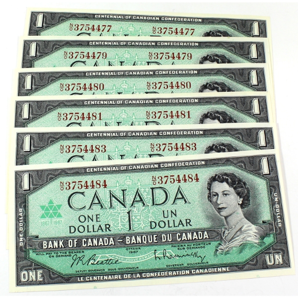 BC-45b 1967 $1 UNC or Better Beattie-Rasminsky. 6pcs.
