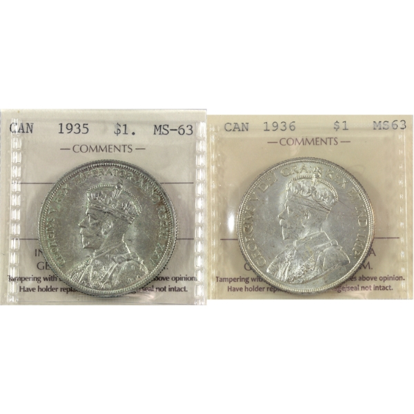 Silver $1 1935 & 1936 ICCS MS63. 2pcs
