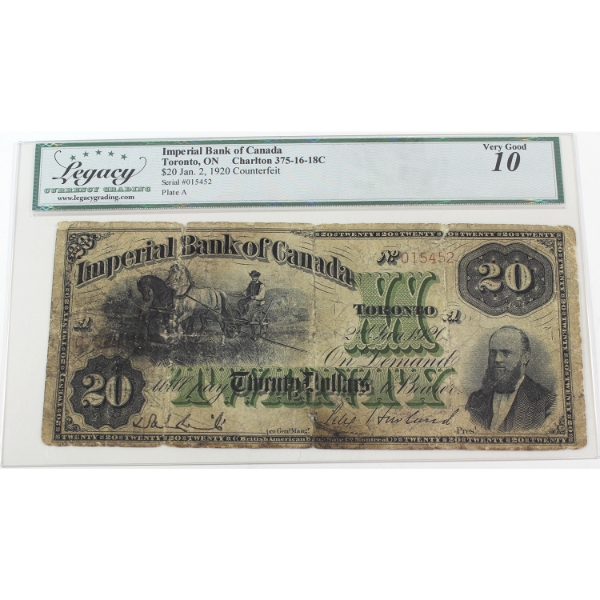 375-16-18C 1920 $20 Imperial Bank of Canada Legacy VG10 Counterfeit SN: 015452 