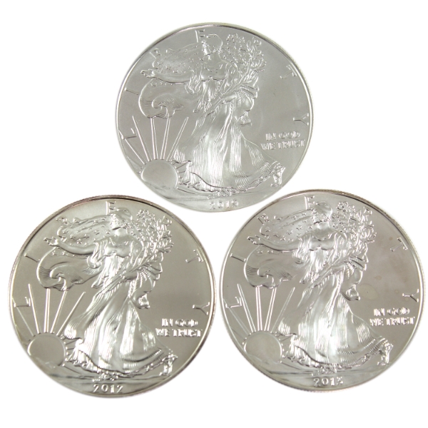 3x 1oz USA 2012-2019 $1 Silver Eagle .999 Fine Silver Coins. 3pcs. (Tax Exempt)