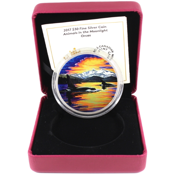 2017 $30 Animals in the Moonlight: Orcas 2oz .9999 Fine Silver Coin w/ Selective Colour (Tax Exempt)