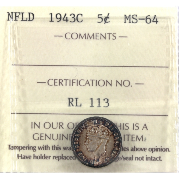 Newfoundland 5-cent 1943C ICCS MS64