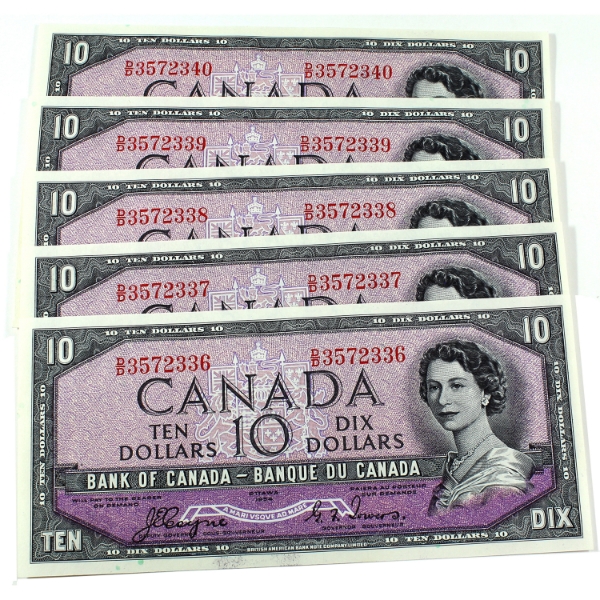 BC-32a 1954 $10 Devil's Face Consecutive UNC or Better Coyne-Towers SN: D/D3572336-40. 5pcs.