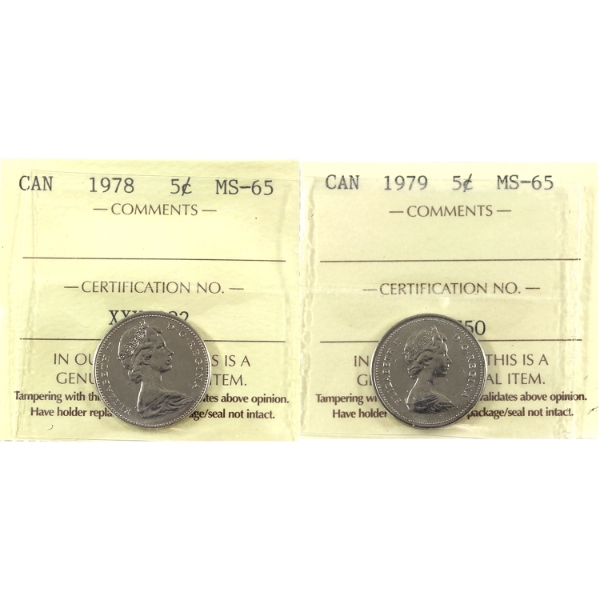 5-cent 1978 & 1979 ICCS MS65. 2pcs.