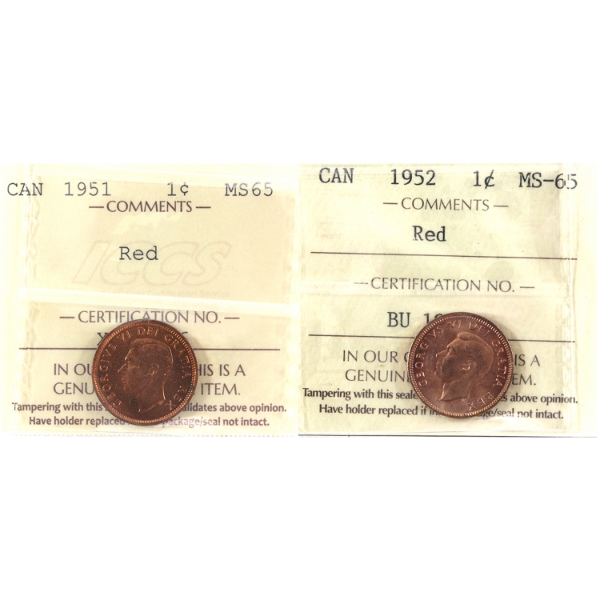 1-cent 1951 & 1952 ICCS MS65 Red. 2pcs.