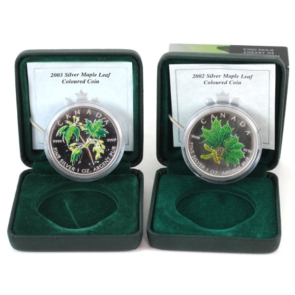 2002 & 2003 $5 Coloured SML Coin. 1oz .9999 Fine Silver. 2pcs. (Tax Exempt)