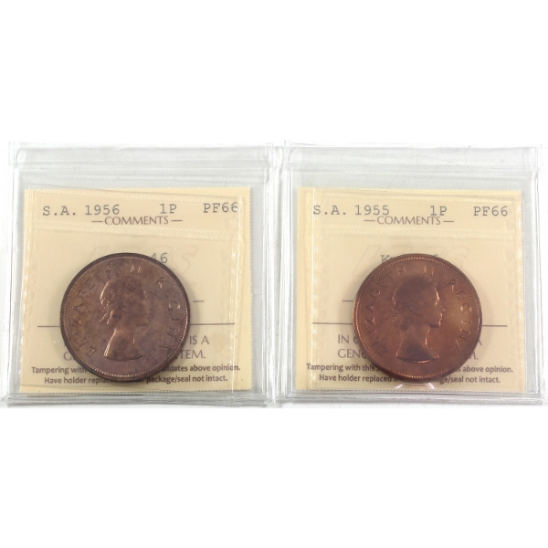 South Africa 1955 & 1956 1 Penny ICCS PF66. 2pcs