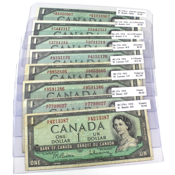 Bulk Lot of 8x BC-37 1954 $1 Banknote Variations in Fine to AU-UNC Condition. 8 pcs