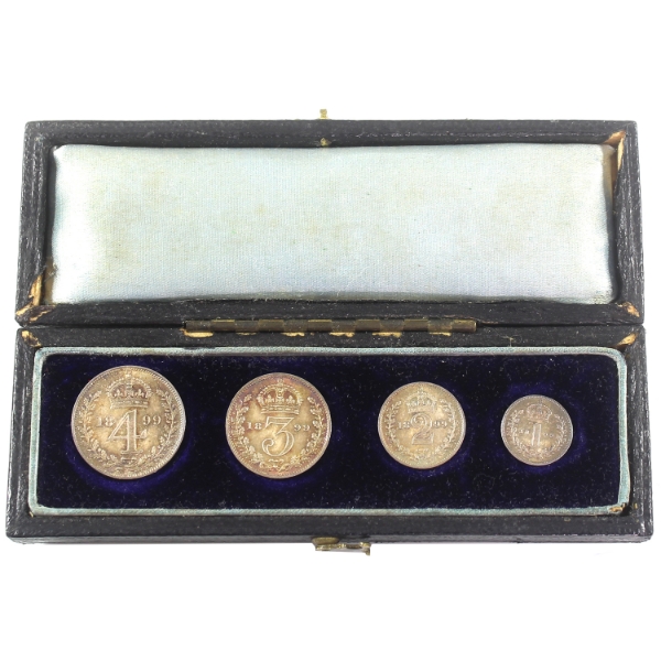 Great Britain Silver 1899 Queen Victoria 4pc Sterling Silver Maundy Set in Original Case