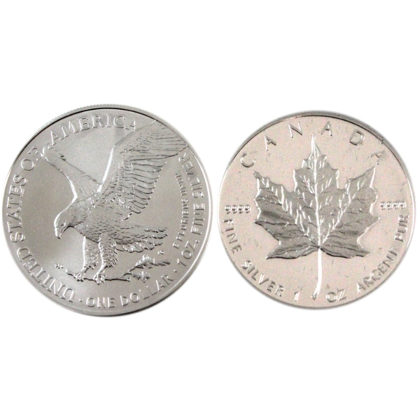 2x 1oz 1989 Silver Maple Leaf & USA 2022 $1 American Eagle Fine Silver Rounds. 2pcs.  (Tax Exempt)