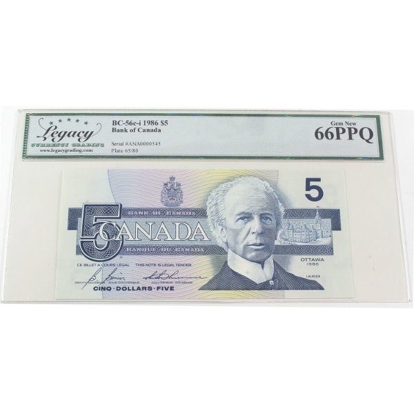 BC-56c-i 1986 $5 Low Serial # Legacy GEM UNC Bonin-Thiessen SN:ANA000545