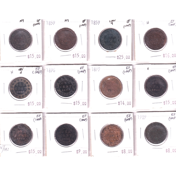 Bulk Collection of 1-cent 1859-1909 EF in 12-Pocket Sheet. 12pcs.