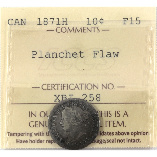 10-cent 1871H Planchet Flaw ICCS F15