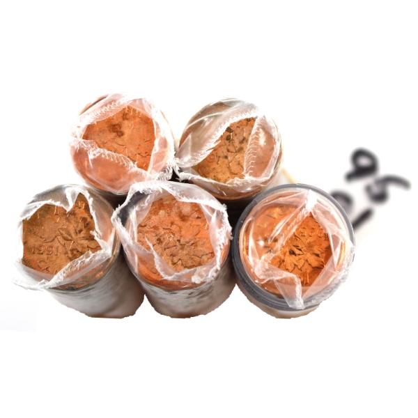 *1-cent 2x 1991 & 3x 1995 Penny Rolls of 50pcs. 5 Rolls. 