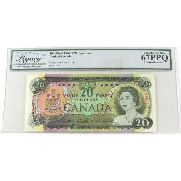 BC-50aS 1969 $20 Specimen Legacy Superb GEM UNC67 PPQ Beattie-Rasminsky SN: EA0000000 414