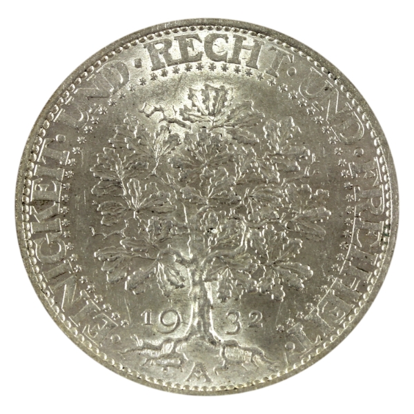 Germany-Weimar Republic Silver 1932A 5 Reichsmark Oak Tree BU