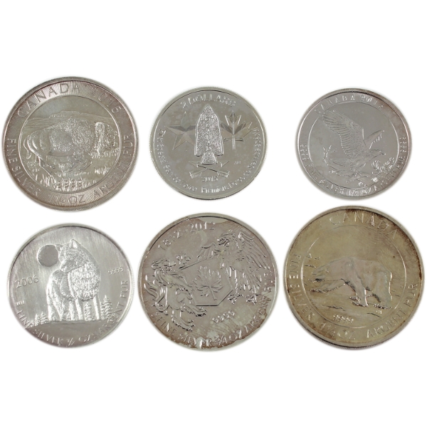 5oz Lot Total! 2006-2015 Assorted Canadian .9999 Fine Silver Rounds. 6pcs. (Tax Exempt)