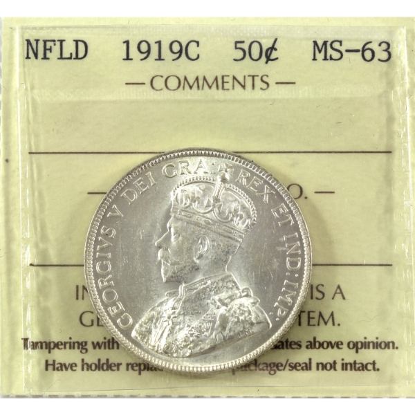 Newfoundland 50-cent 1919C ICCS MS63