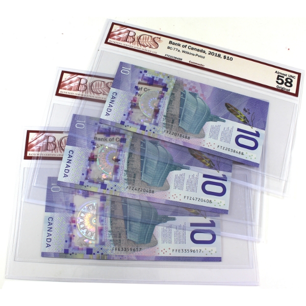2x BC-77a & 1x BC-77b 2018 $10 BCS AU58 to CUNC62 Original. 3pcs