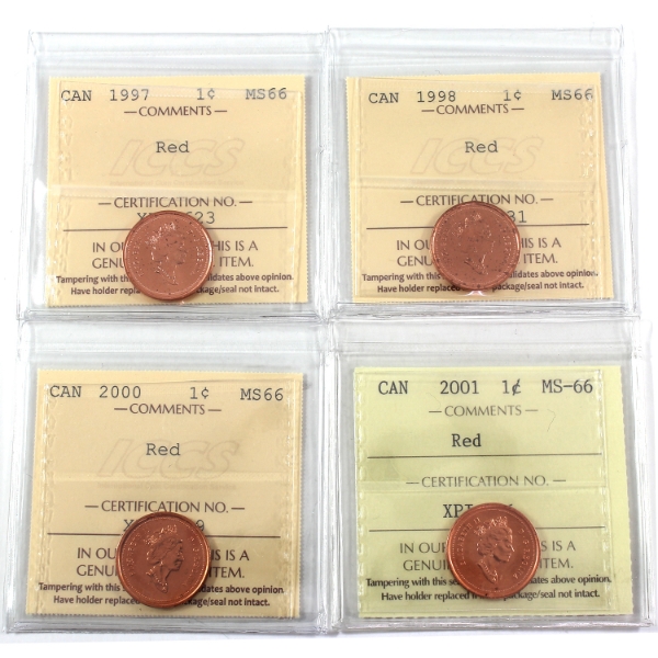 1-cent 1997-2001 ICCS MS66 Red. 4pcs.