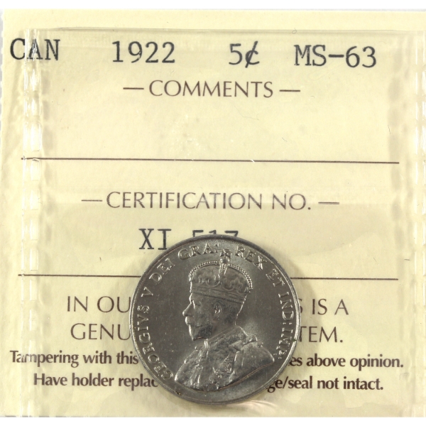 5-cent 1922 Near Rim ICCS MS63