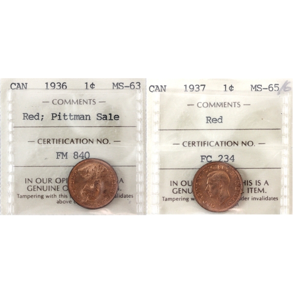 1-cent 1936 Pittman Sale MS63 & 1937 MS65 ICCS Red. 2pcs.