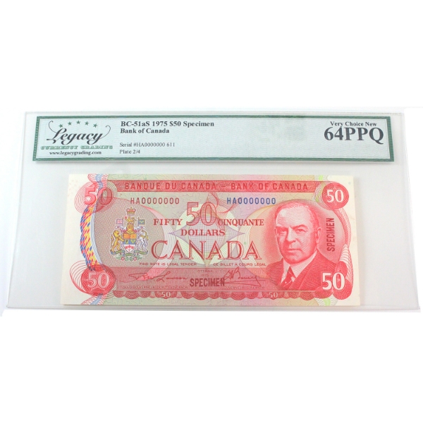 BC-51aS 1975 $50 Specimen Legacy CUNC64 PPQ Lawson-Bouey SN: HA0000000 611