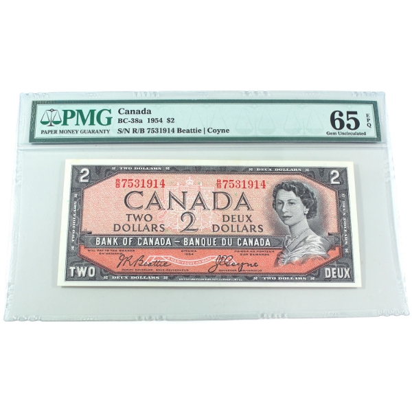 BC-38a 1954 $2  PMG GEM UNC65 EPQ Beattie-Coyne SN:R/B7531914
