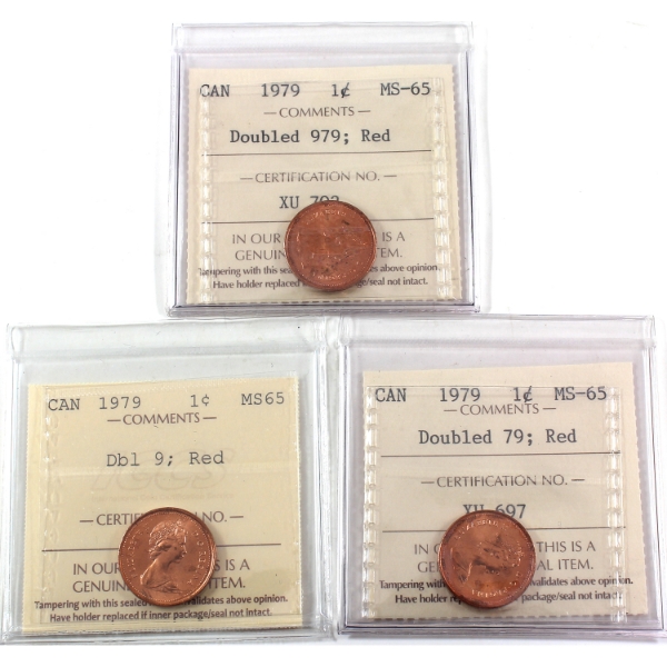 1-cent 1979 Varieties ICCS MS65 Red. 3pcs.