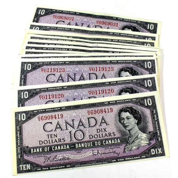 18x 1954 $10 Modified Portrait Banknotes, Some Duplicate Prefixes. 18pcs.