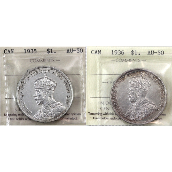 Silver $1 1935 (cleaned) & 1936 ICCS AU50. 2pcs.