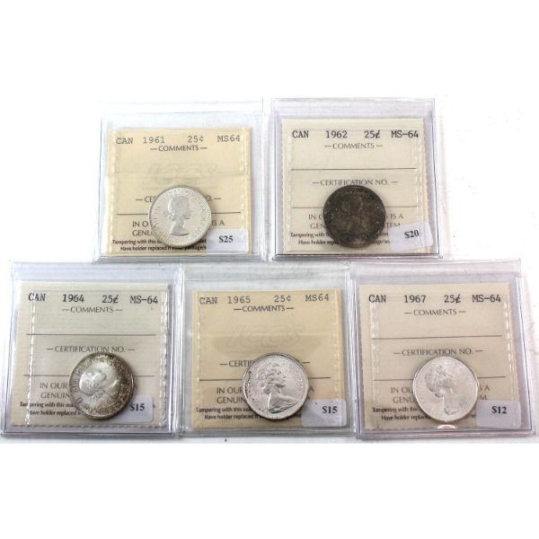 25-cent 1961, 1962, 1964, 1965 & 1967 ICCS MS64. 5pcs.