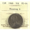 Image 1 : 50-cent 1968 Missing A ICCS MS64