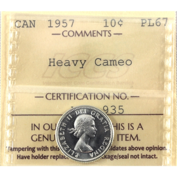 10-cent 1957 ICCS PL67 Heavy Cameo