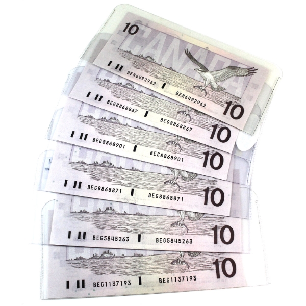 Group Lot of 6x 1989 $10 UNC or Better Knight-Thiessen Some Duplicate Prefixes. 6pcs